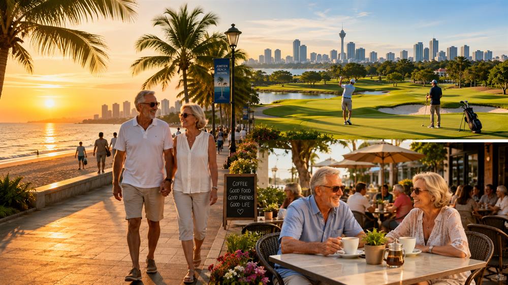 International retirees enjoying an active and affordable lifestyle in Pattaya with beaches, golf, cafés, and modern amenities.